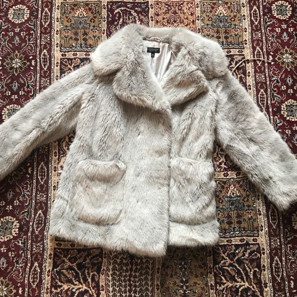 TOPSHOP mint faux fur jacket size US 4